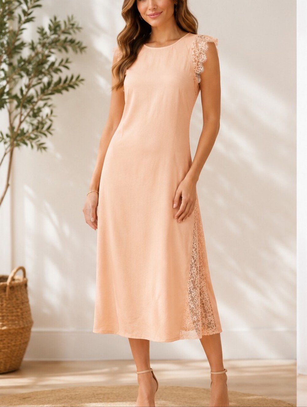 Future Collective Peach Lace Accent Midi Dress – Size Small – NWT